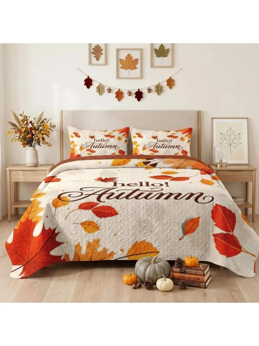 Cozy King Fall Quilt Set - 3 Piece Autumn Leaves Bedding & Bedspread